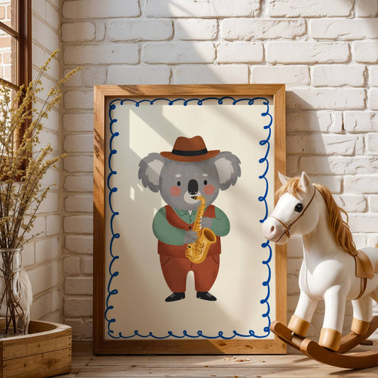 Affiche Koala Saxophone – Poster Coloré Animaux Musiciens Chambre Enfant Dopamine Decor Cadeau Naissance