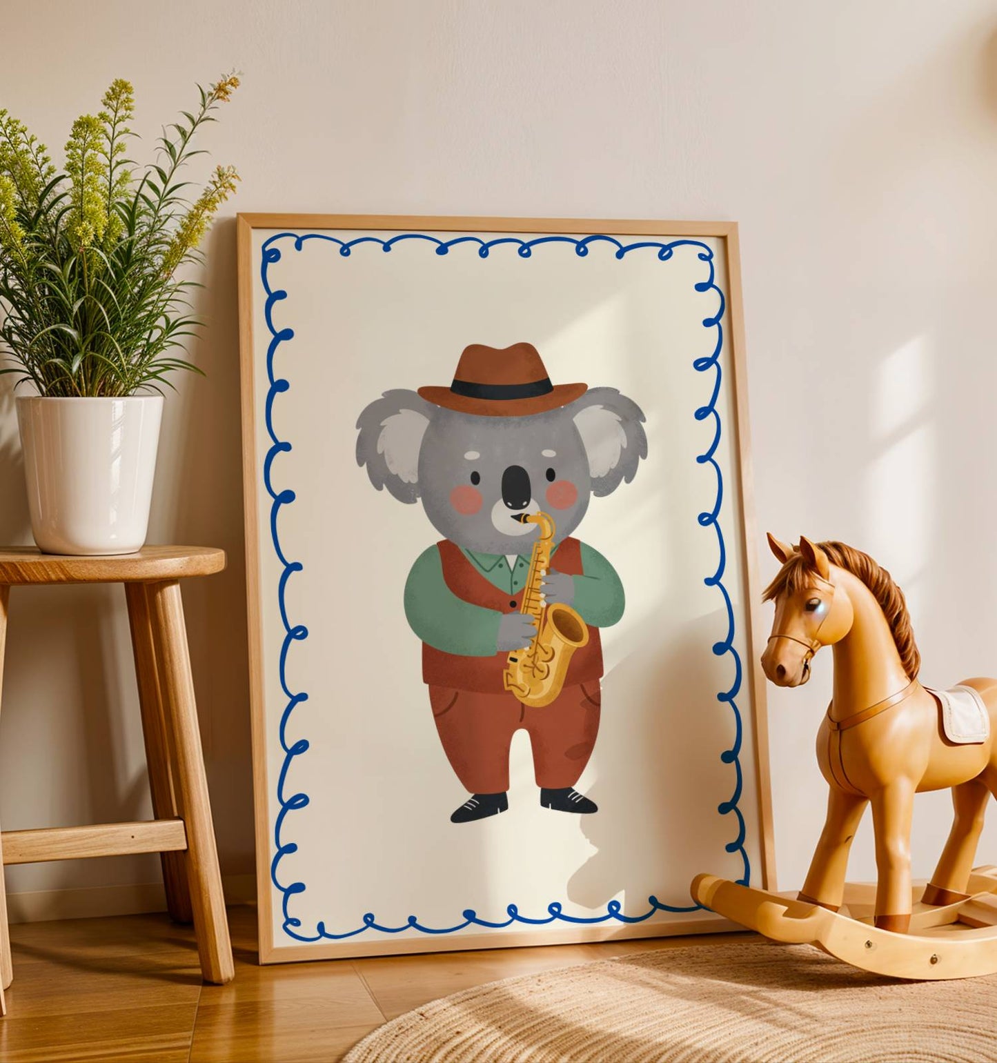 Affiche enfant Koala qui joue du Saxo, Poster Imprimable Animaux, Décoration Chambre Garçon, Salle de Jeux, Cadeau Musical Fun
