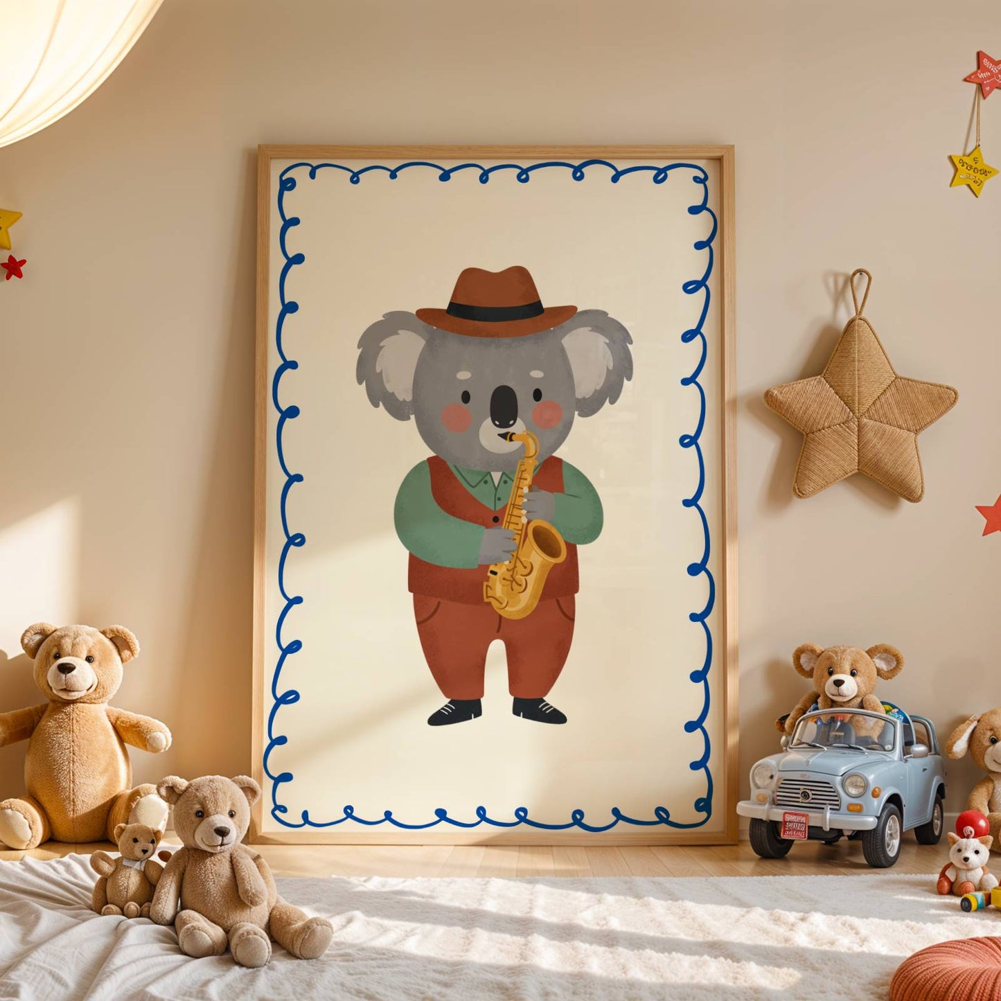 Affiche enfant Koala qui joue du Saxo, Poster Imprimable Animaux, Décoration Chambre Garçon, Salle de Jeux, Cadeau Musical Fun