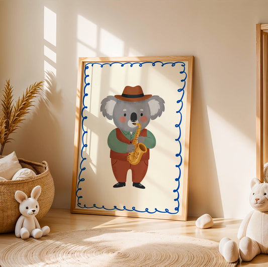 Affiche Koala Saxophone – Poster Coloré Animaux Musiciens Chambre Enfant Dopamine Decor Cadeau Naissance