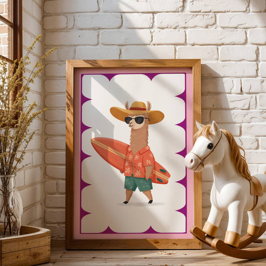 Affiche Lama Surfeur – Poster Coloré Animaux Rigolos Chambre Enfant Dopamine Decor Cadeau Naissance