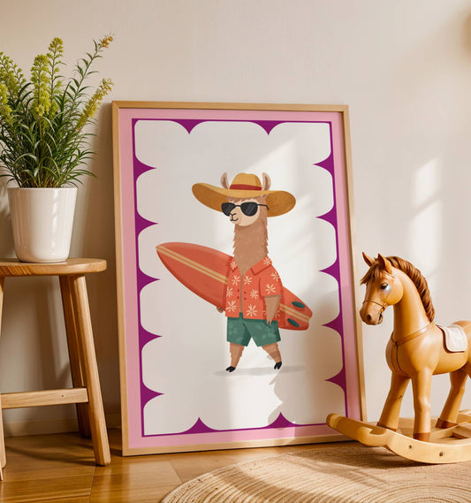 Affiche Lama Surfeur – Poster Coloré Animaux Rigolos Chambre Enfant Dopamine Decor Cadeau Naissance