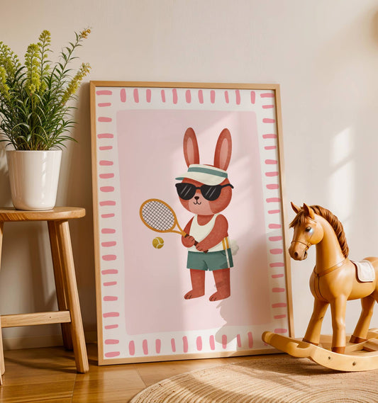Affiche Lapin Tennis – Poster Coloré Animaux Sportifs Chambre Enfant Dopamine Decor Cadeau Naissance