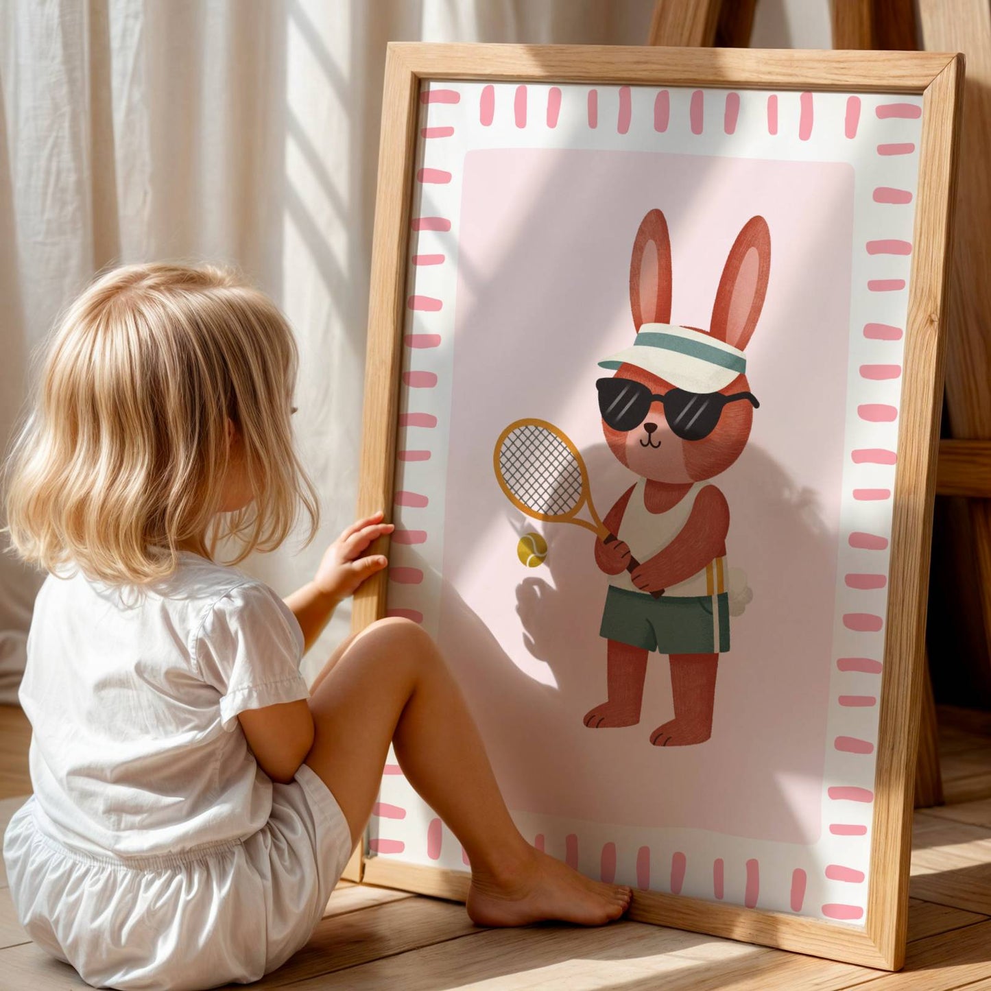 Affiche Enfant Lapin Sportif au Tennis – Affiche Animaux Dynamique pour Chambre de Fille, Poster Déco Sport Fun et Cadeau