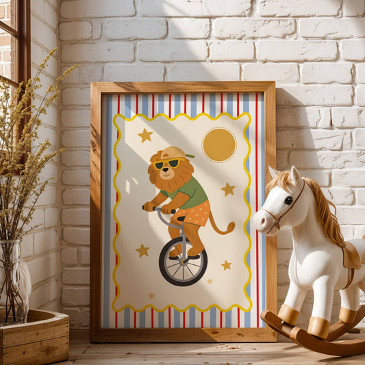 Affiche Lion Monocycle – Poster Coloré Animaux Rigolos Chambre Enfant Dopamine Decor Cadeau Naissance