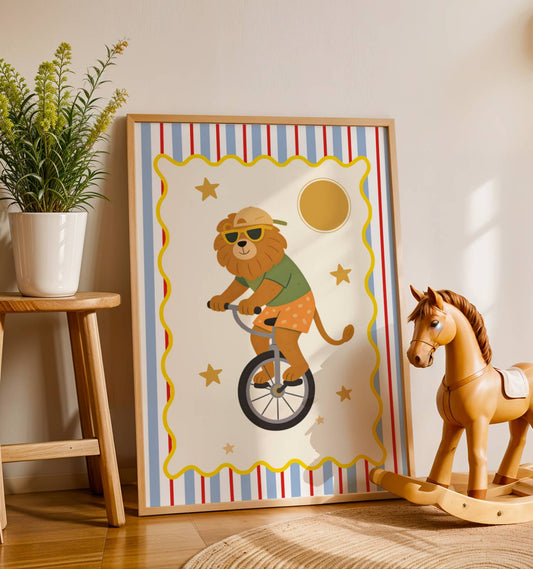 Affiche Lion Monocycle – Poster Coloré Animaux Rigolos Chambre Enfant Dopamine Decor Cadeau Naissance