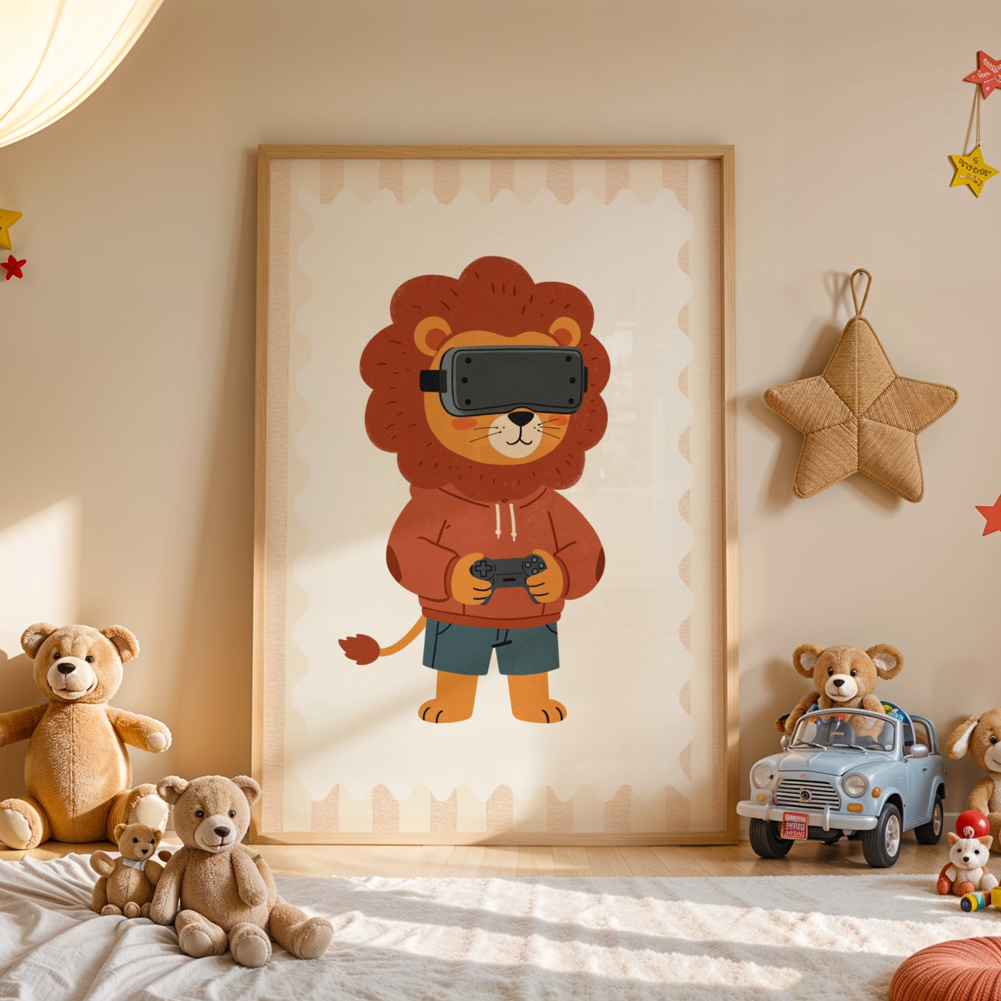 Affiche enfant Lion Gamer avec Casque VR, Poster Imprimable Animaux, Décoration Salle de Jeux, Chambre Bébé, Cadeau Naissance Geek