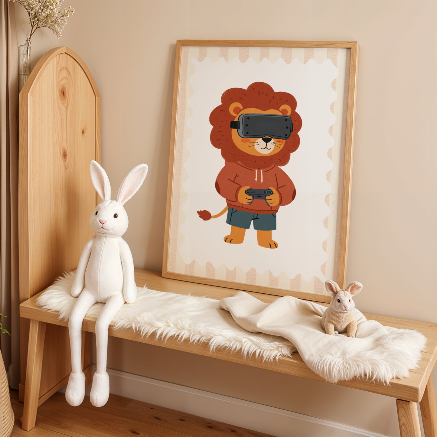 Affiche enfant Lion Gamer avec Casque VR, Poster Imprimable Animaux, Décoration Salle de Jeux, Chambre Bébé, Cadeau Naissance Geek