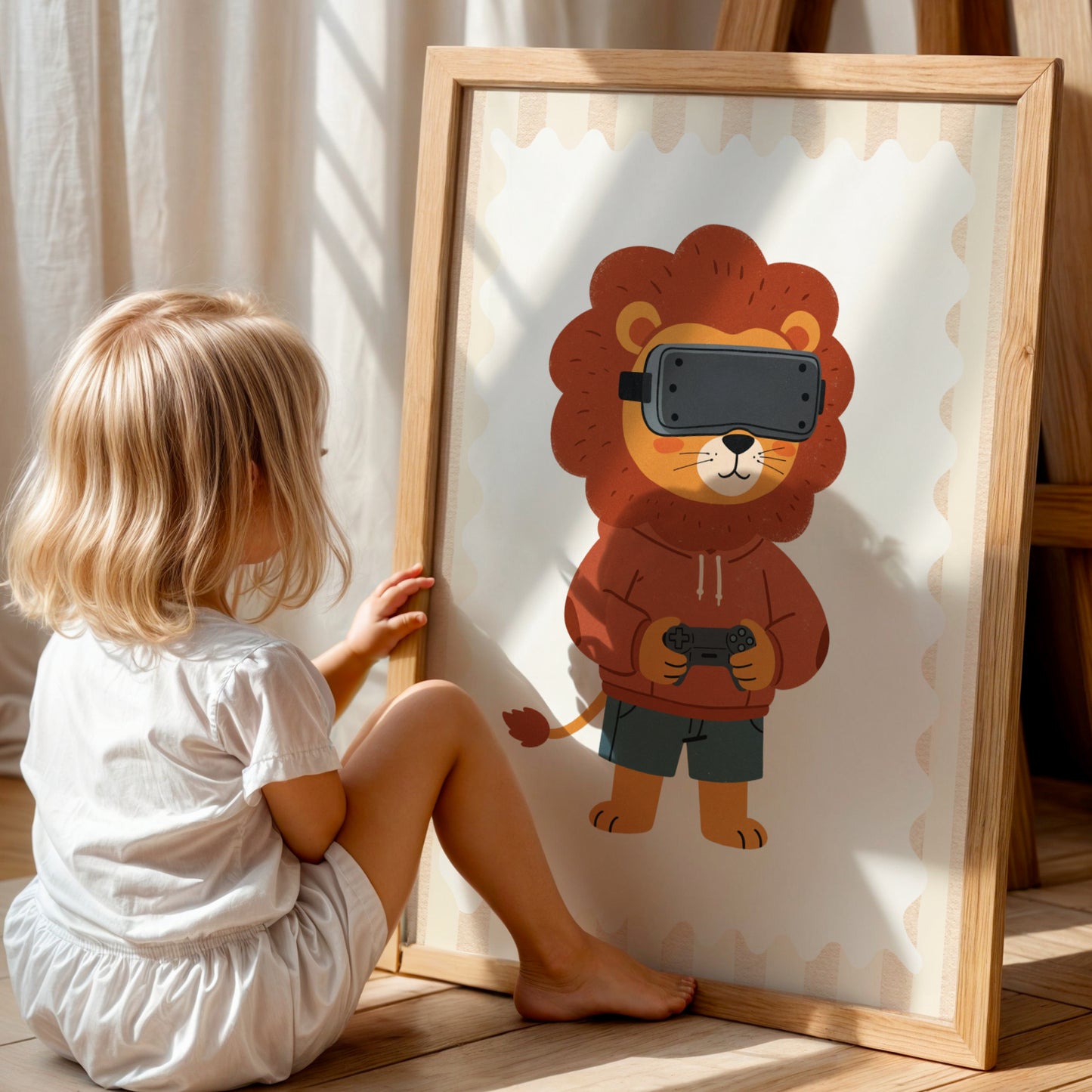 Affiche enfant Lion Gamer avec Casque VR, Poster Imprimable Animaux, Décoration Salle de Jeux, Chambre Bébé, Cadeau Naissance Geek