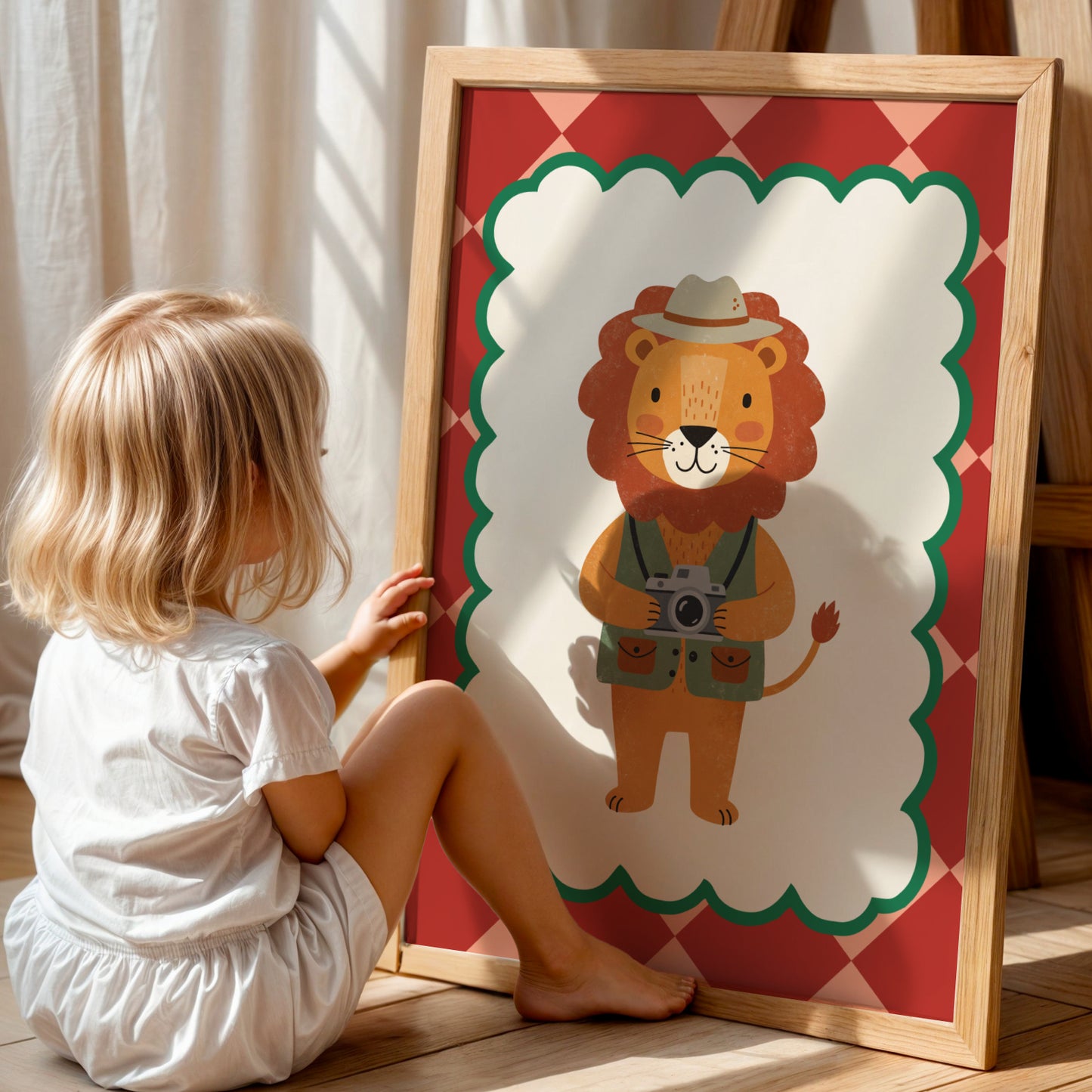 Affiche enfant Lion Photographe avec Appareil Photo Amusant, Poster Imprimable Animaux, Décoration Chambre enfant ou salle de jeux