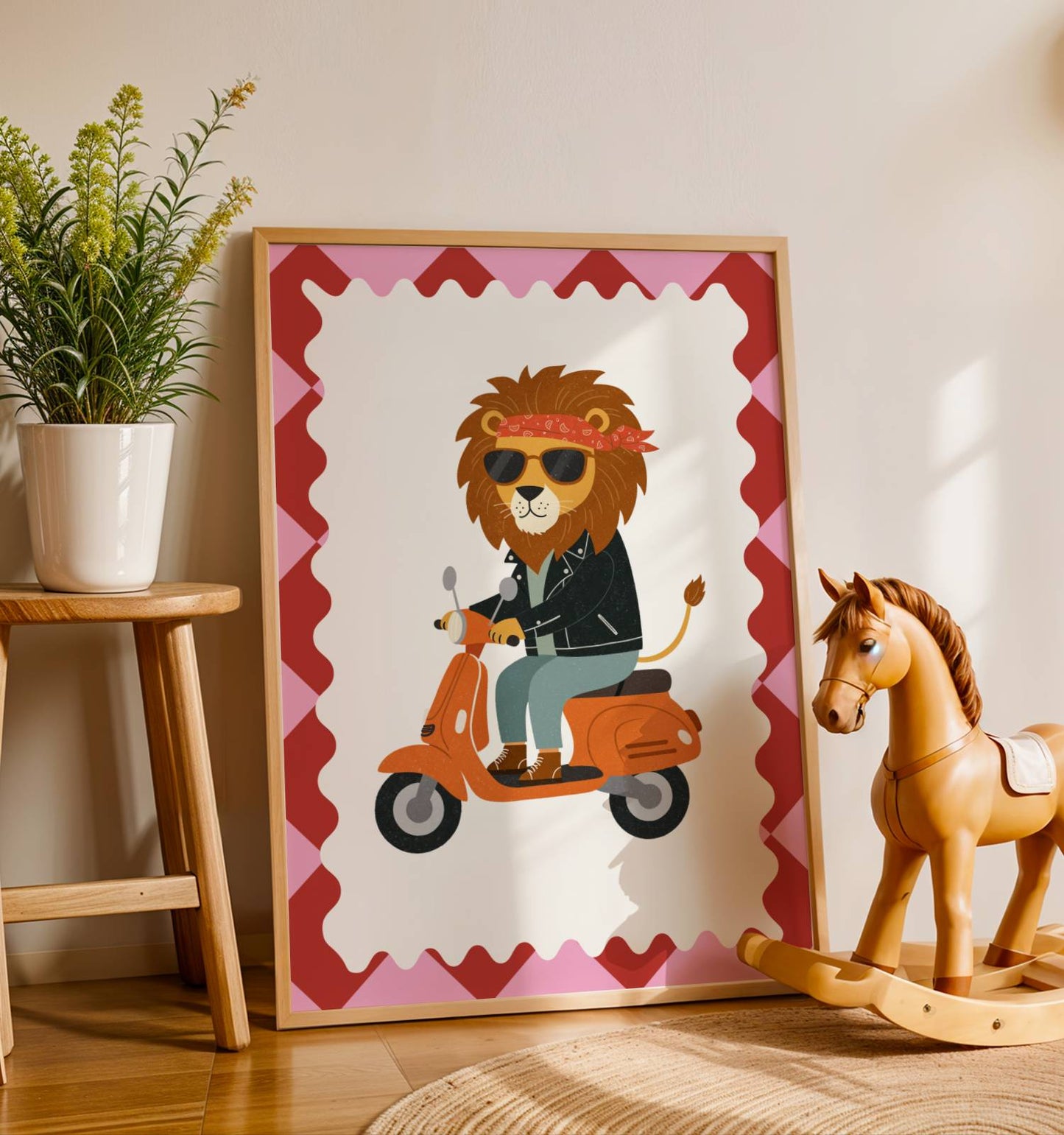 Affiche enfant Lion Rockeur sur Scooter  - Affiche enfant Dopamine colorée – Animal rigolo pour une déco pleine de joie