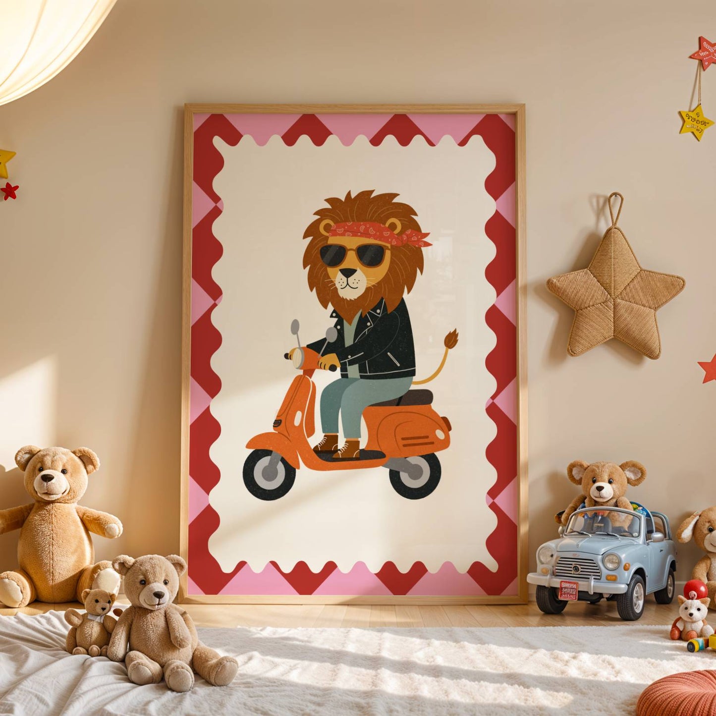 Affiche enfant Lion Rockeur sur Scooter  - Affiche enfant Dopamine colorée – Animal rigolo pour une déco pleine de joie