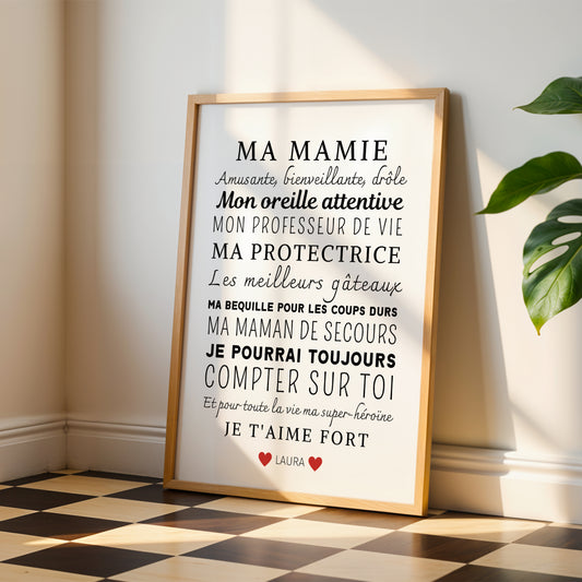 Affiche Mamie Personnalisée with heartfelt French text in black script and bold fonts, framed in light wood for Fête des.