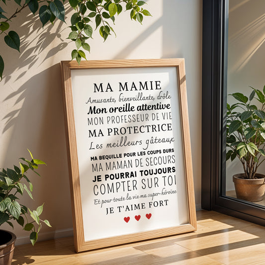 Affiche Mamie Personnalisée with black and red text in a wooden frame, perfect for Fête des Grands-Mères gift.