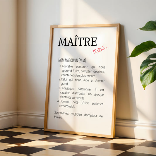 Affiche Définition Maître Personnalisée – Cadeau Maître Original Fin d'Année Scolaire
