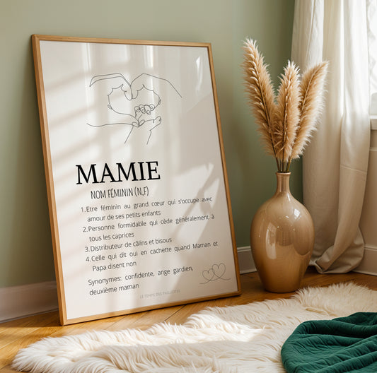 Affiche Mamie Personnalisée with minimalist line art of grandmother and grandchild in wooden frame, neutral decor, Fête des.