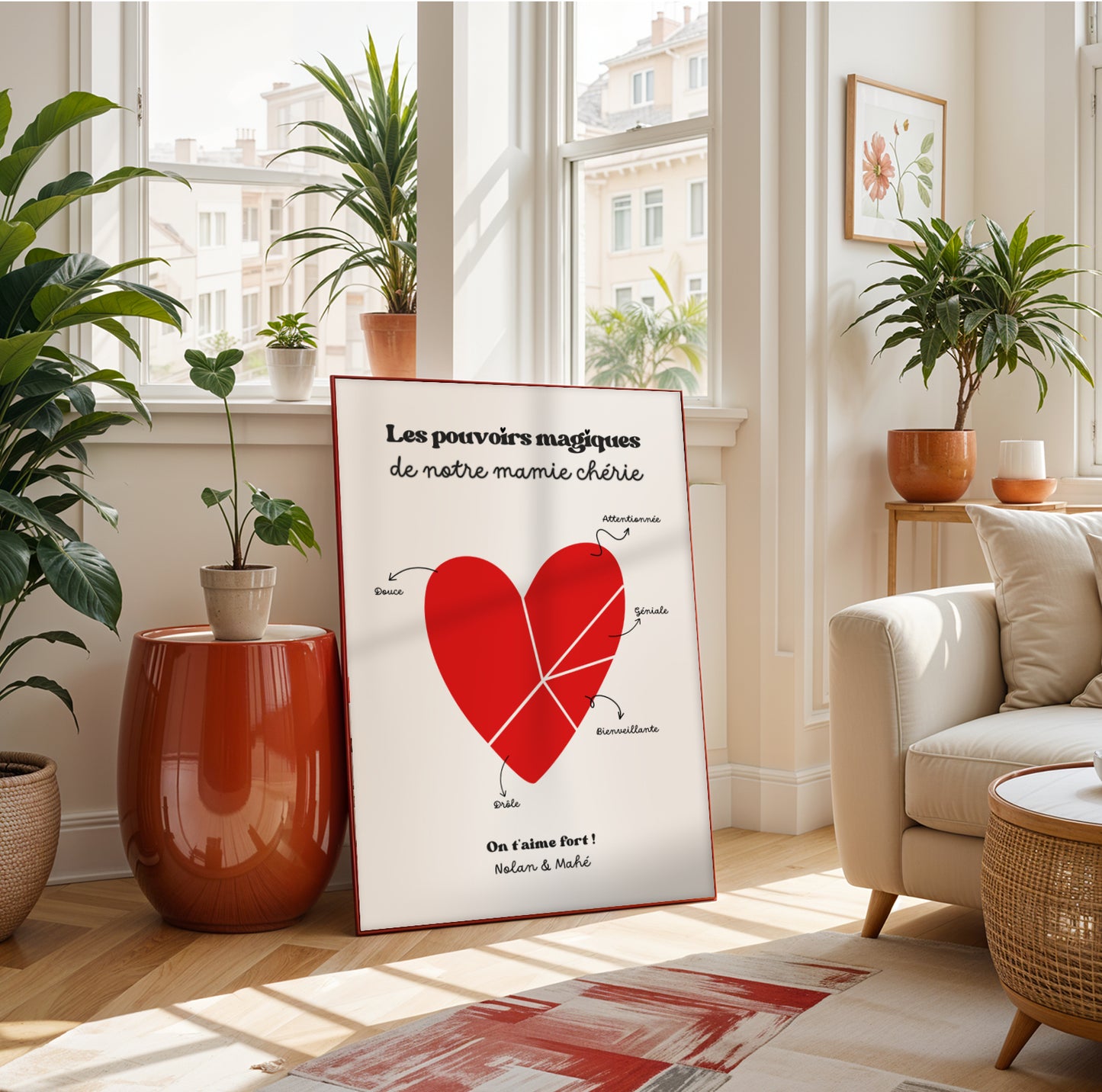 Affiche Mamie Personnalisée with red heart and French text, perfect for Fête des Grands-Mères gift in bright modern room.