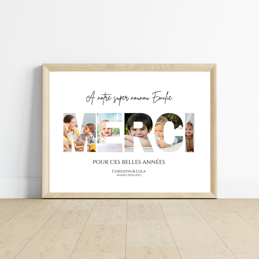 Cadre photo MERCI personnalisé - Affiche cadeau crèche nounou ou mam