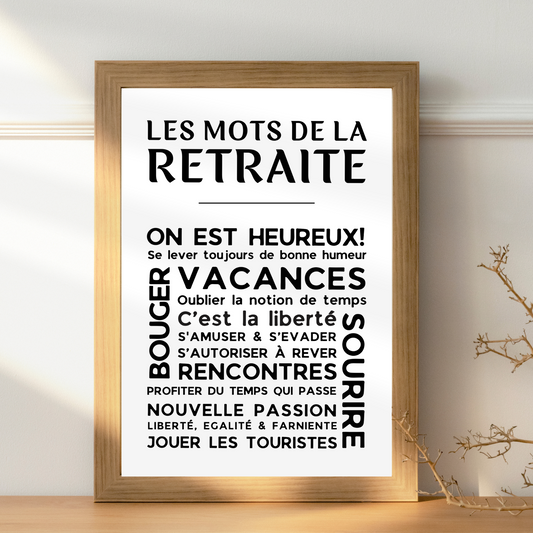 Affiche Les Mots de la Retraite - Poster pour Départ en Retraite - Cadeau Original pour Retraité - Décoration Départ en Retraite