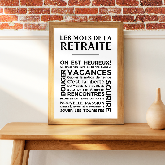 Affiche Les Mots de la Retraite - Poster pour Départ en Retraite - Cadeau Original pour Retraité - Décoration Départ en Retraite