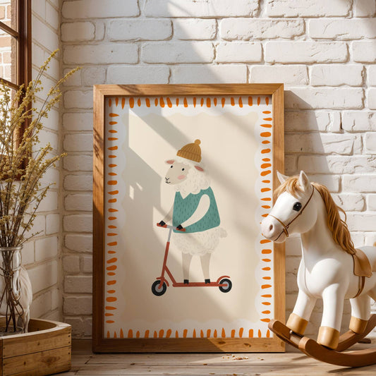Affiche Mouton Trottinette – Poster Coloré Animaux Rigolos Chambre Enfant Dopamine Decor Cadeau Naissance