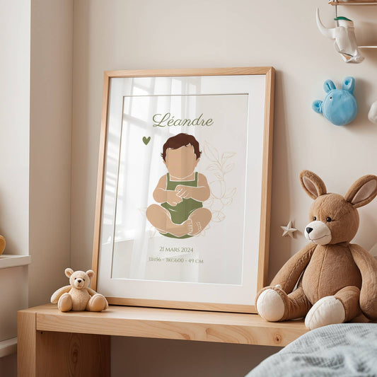 Affiche de naissance garçon personnalisée avec silhouette bébé abstract teinte vert olive avec date de naissance, heure, poids et taille