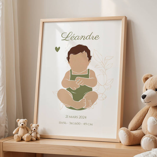 Affiche de naissance garçon personnalisée avec silhouette bébé abstract teinte vert olive avec date de naissance, heure, poids et taille