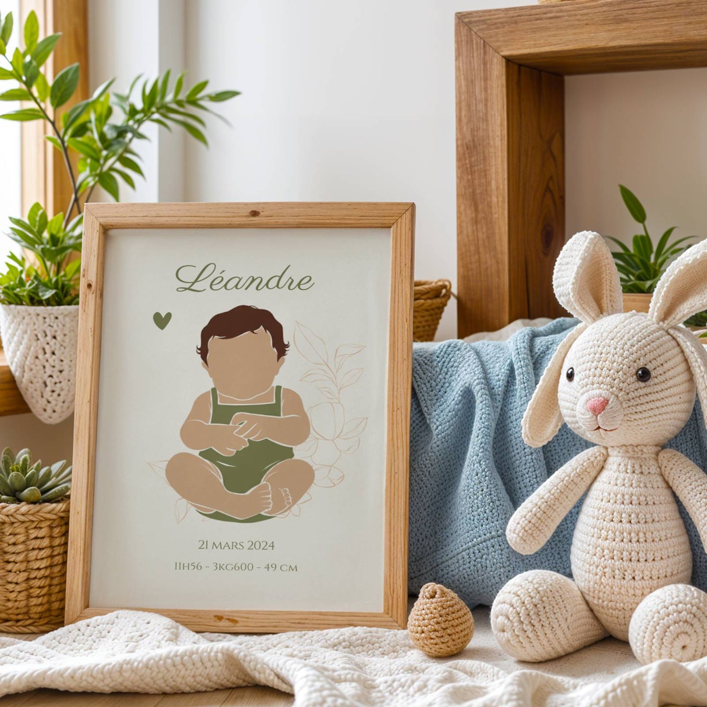 Affiche de naissance garçon personnalisée avec silhouette bébé abstract teinte vert olive avec date de naissance, heure, poids et taille