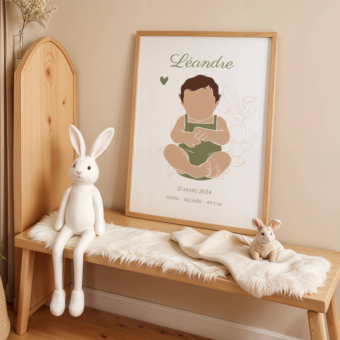 Affiche de naissance garçon personnalisée avec silhouette bébé abstract teinte vert olive avec date de naissance, heure, poids et taille