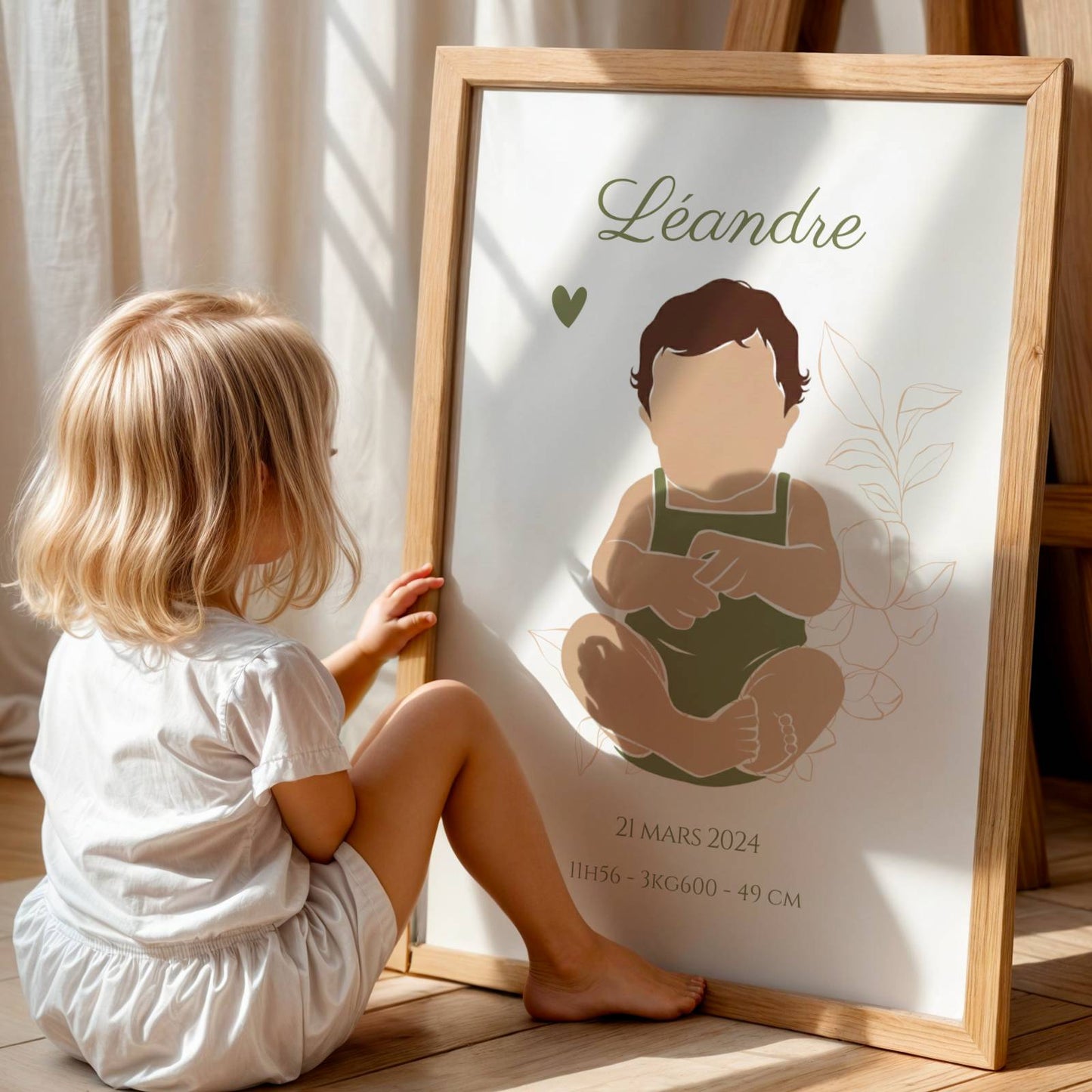 Affiche de naissance garçon personnalisée avec silhouette bébé abstract teinte vert olive avec date de naissance, heure, poids et taille