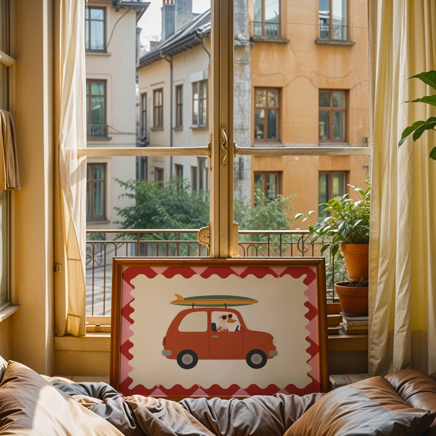 Oie en Voiture avec Planche de Surf – Poster Animaux Fun pour Chambre d’Enfant, Affiche Déco Colorée et Cadeau Original