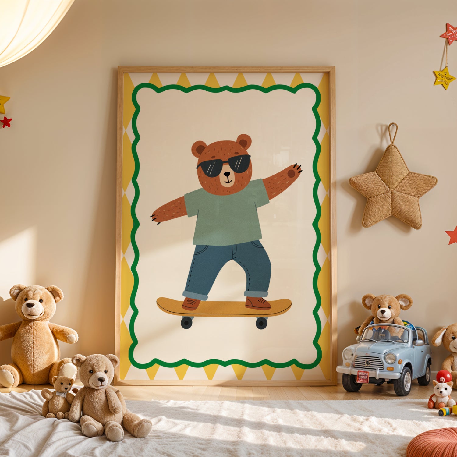 Affiche enfant “Ours qui fait du skate”, illustration ludique et colorée pour chambre bébé ou enfant, poster imprimable animaux, décoration murale Montessori, idée cadeau naissance ou anniversaire, design joyeux et original, téléchargement instantané en PDF et PNG haute résolution, parfait pour cadres A4 et A3, stimule l’imagination et la créativité des tout-petits, style amusant et décoratif pour chambre garçon ou fille.