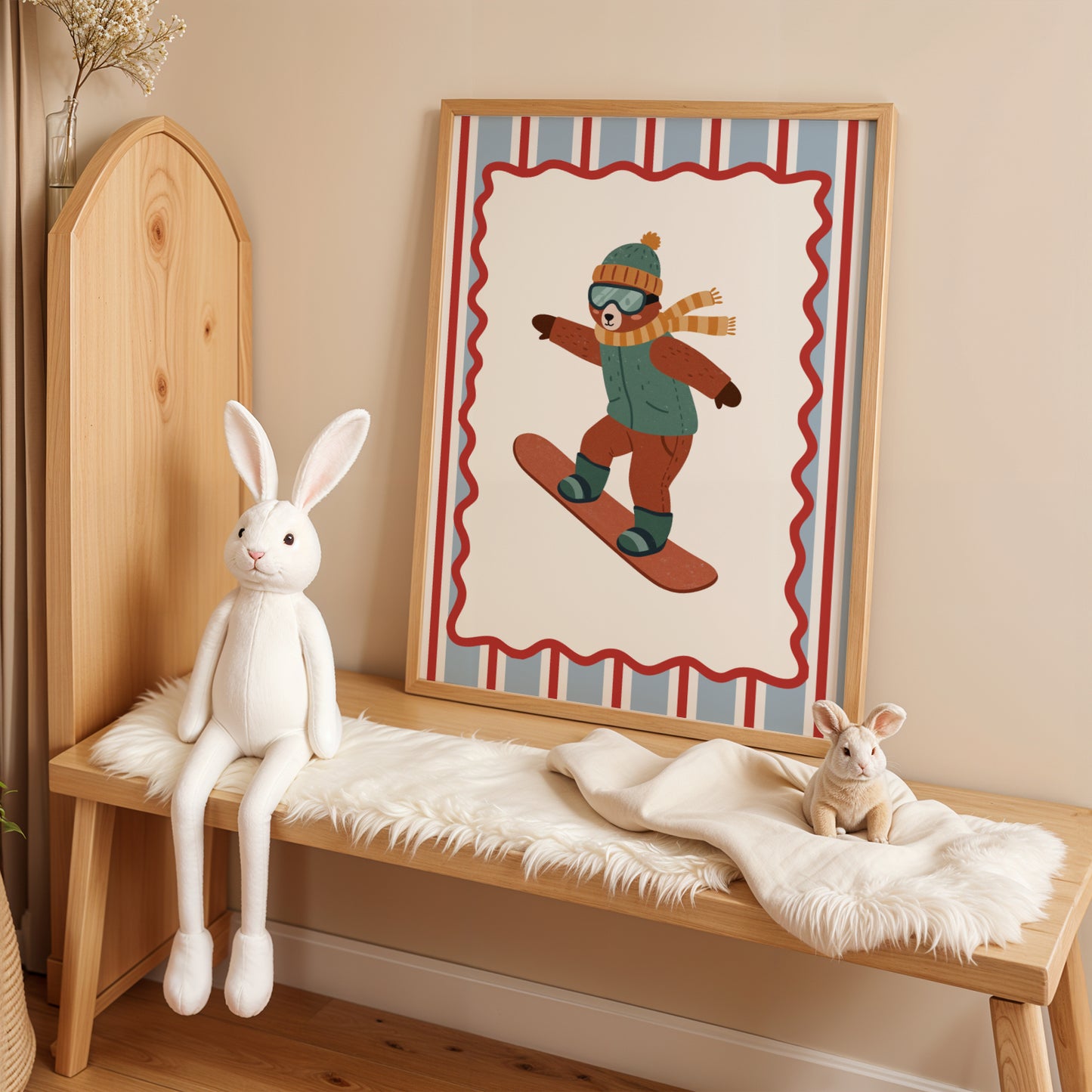Affiche enfant Ours qui fait du Snowboard Cool,  - Affiche enfant Dopamine colorée – Animal rigolo pour une déco pleine de joie