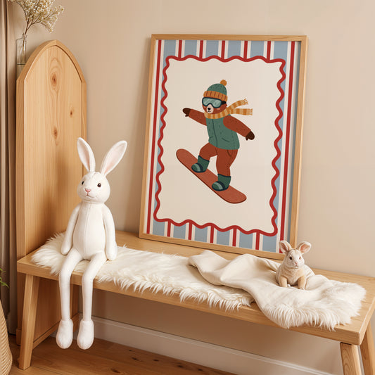 Affiche Ours Snowboard – Poster Coloré Animaux Sportifs Chambre Enfant Dopamine Decor Cadeau Naissance