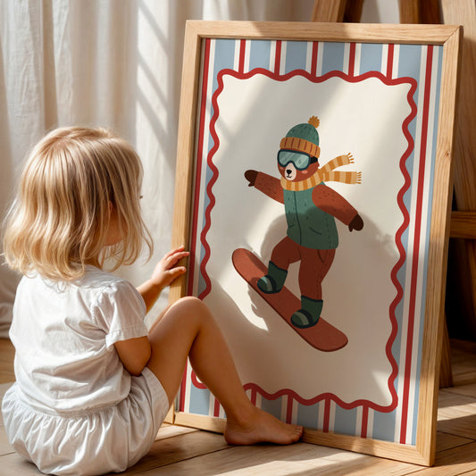 Affiche Ours Snowboard – Poster Coloré Animaux Sportifs Chambre Enfant Dopamine Decor Cadeau Naissance