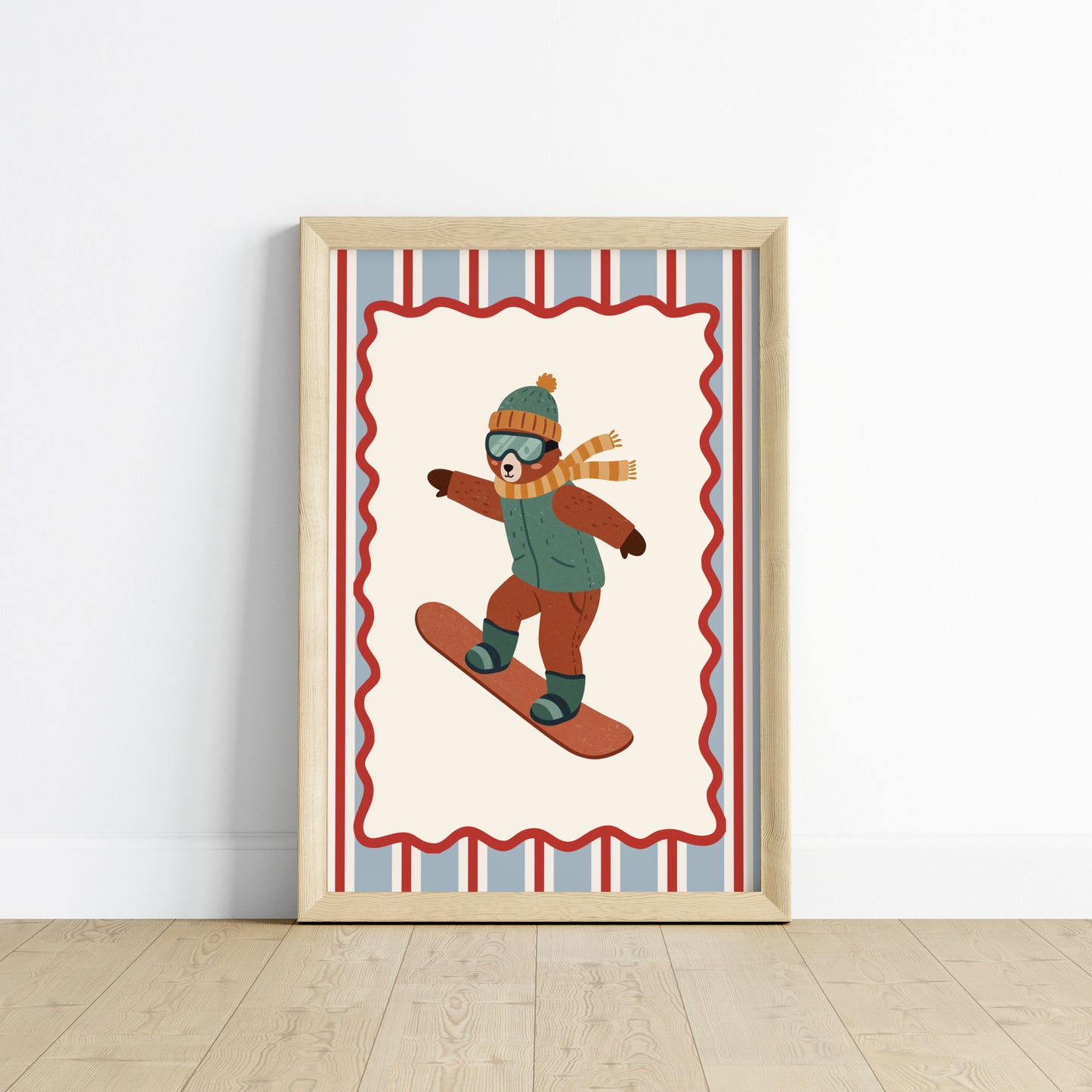 Affiche enfant Ours qui fait du Snowboard Cool,  - Affiche enfant Dopamine colorée – Animal rigolo pour une déco pleine de joie