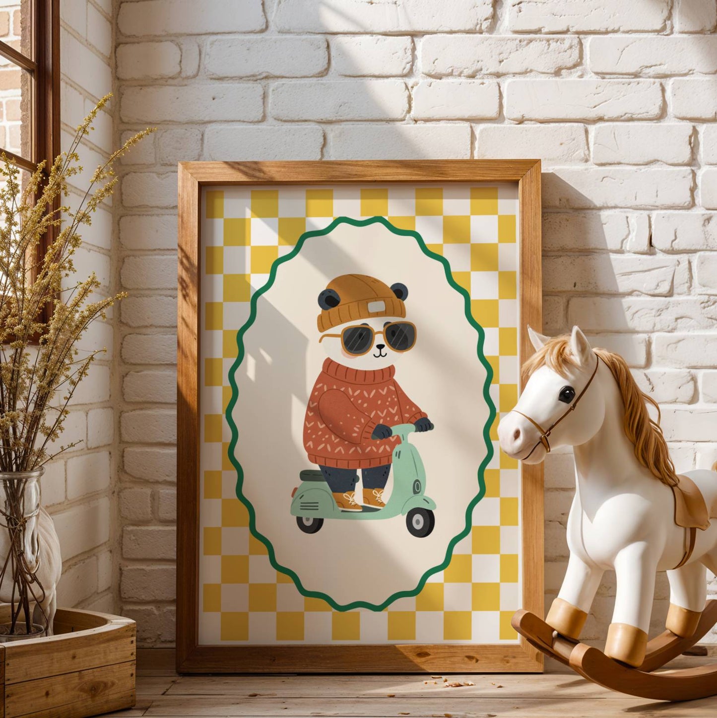 Affiche enfant Panda Cool sur Scooter Vespa – Affiche Animaux Tendance pour Chambre d’Enfant, Poster Déco Fun et Cadeau