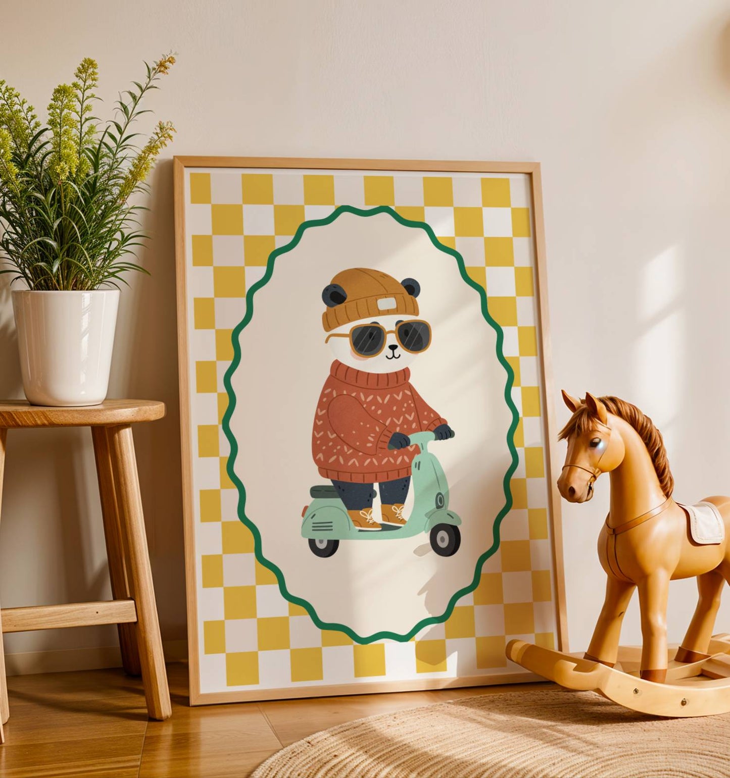 Affiche enfant Panda Cool sur Scooter Vespa – Affiche Animaux Tendance pour Chambre d’Enfant, Poster Déco Fun et Cadeau