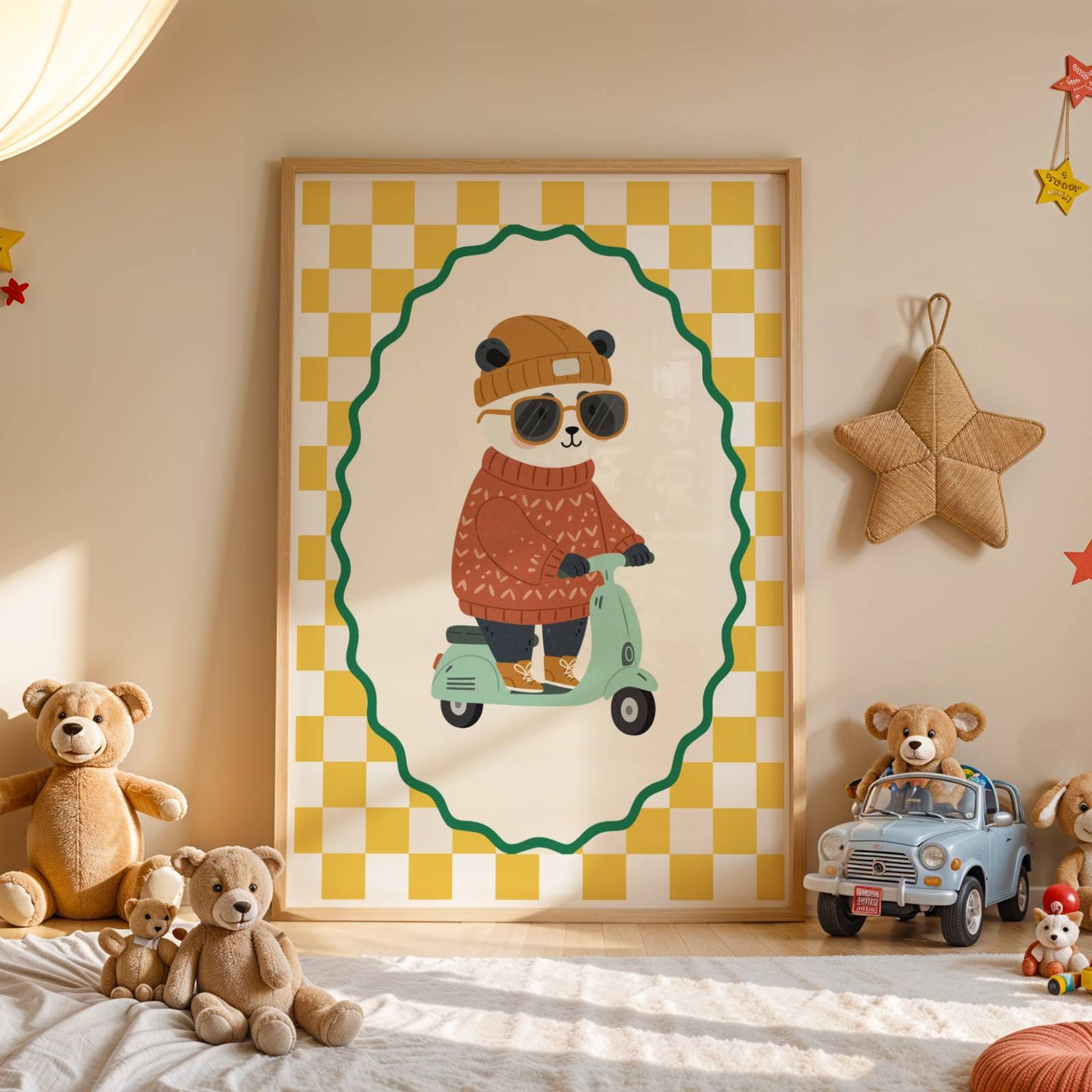Affiche enfant Panda Cool sur Scooter Vespa – Affiche Animaux Tendance pour Chambre d’Enfant, Poster Déco Fun et Cadeau