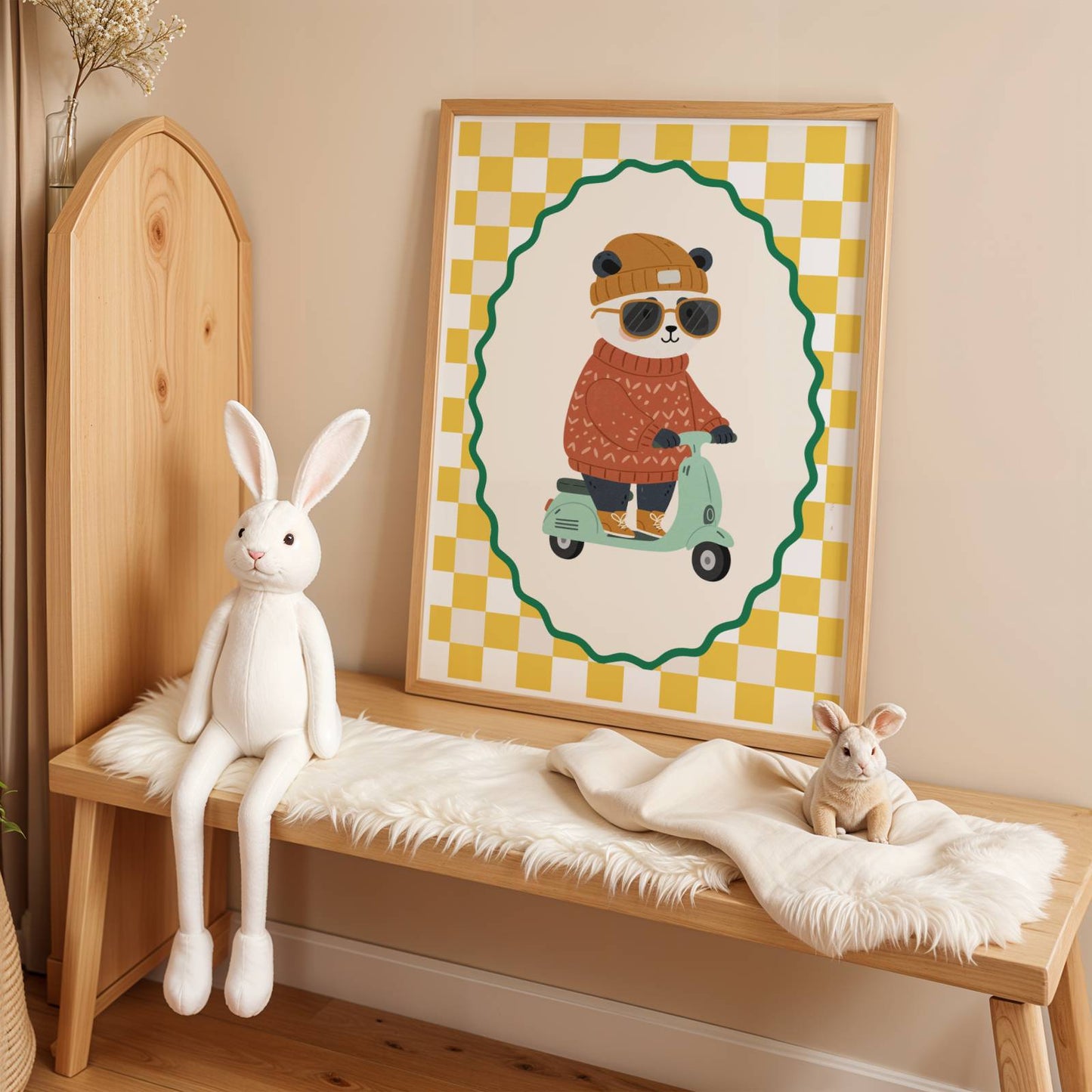 Affiche enfant Panda Cool sur Scooter Vespa – Affiche Animaux Tendance pour Chambre d’Enfant, Poster Déco Fun et Cadeau