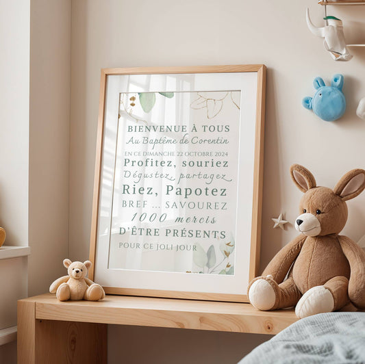 Affiche bienvenue baptême eucalyptus / anniversaire personnalisée