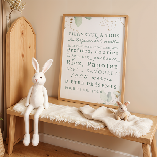 Affiche bienvenue baptême eucalyptus / anniversaire personnalisée