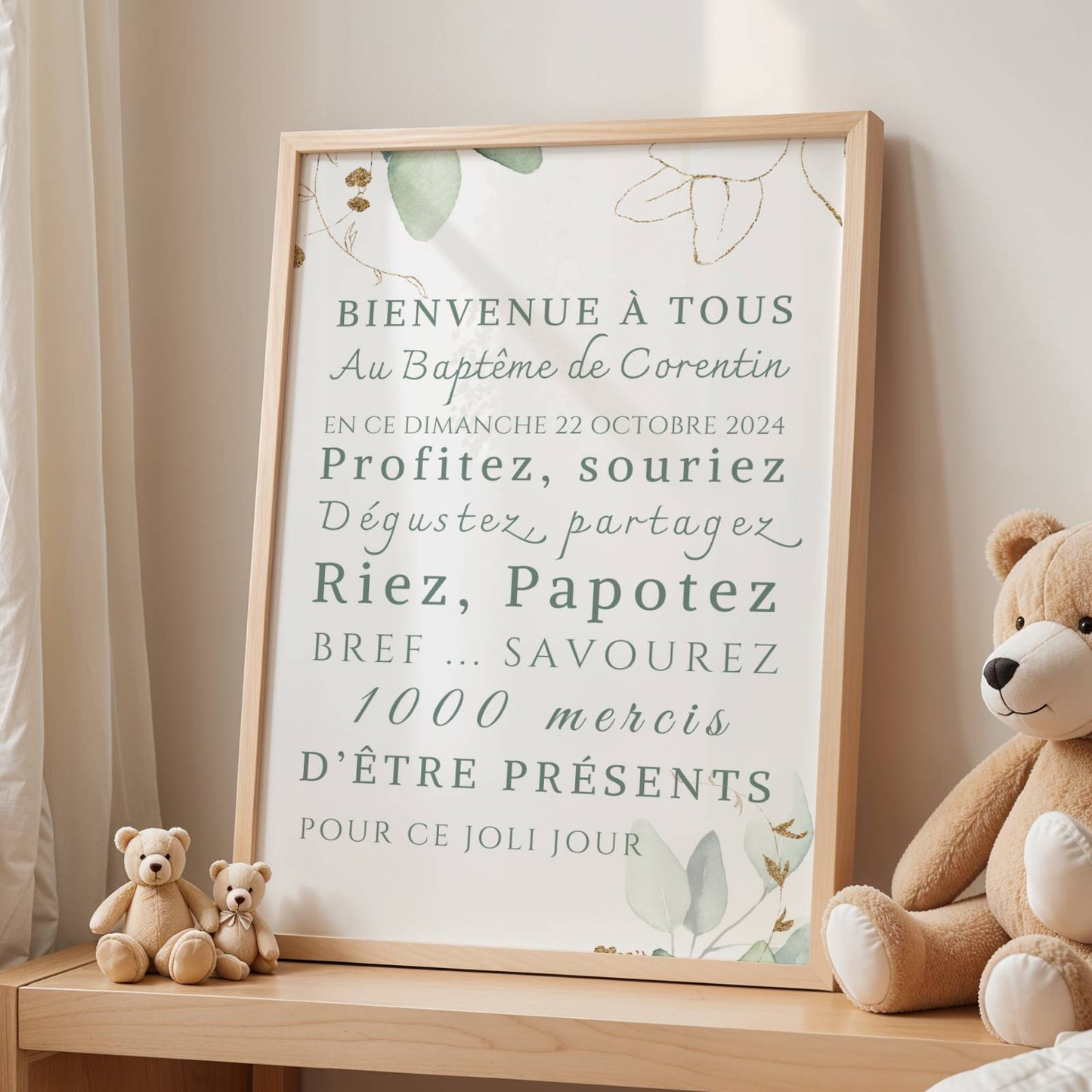 Affiche bienvenue baptême eucalyptus / anniversaire personnalisée