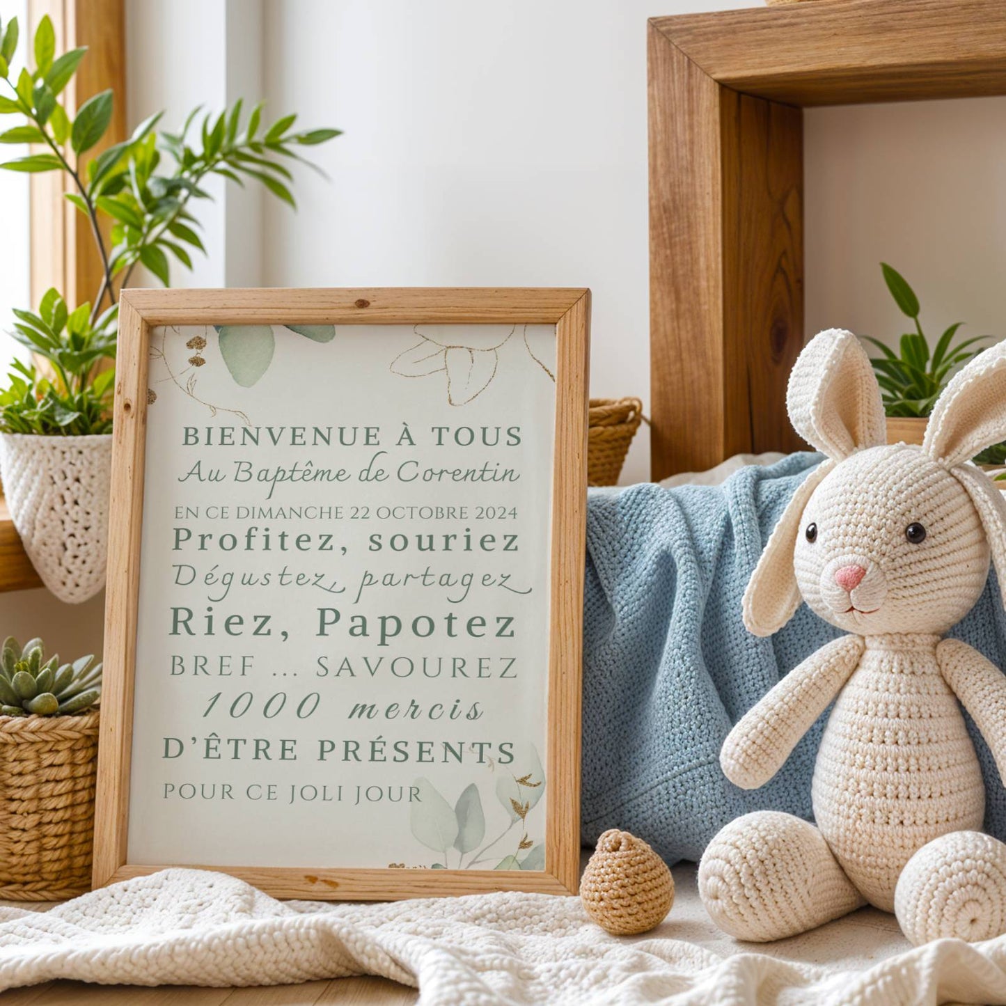Affiche bienvenue baptême eucalyptus / anniversaire personnalisée