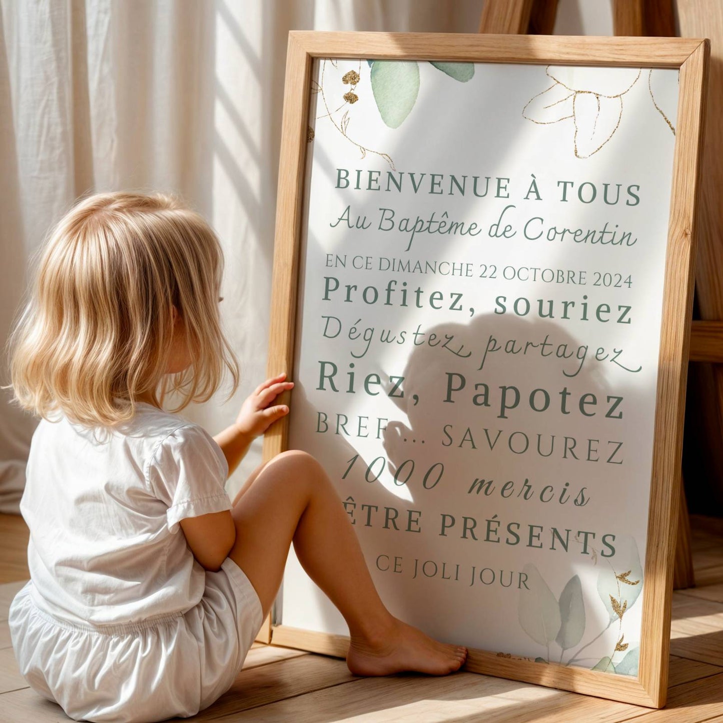 Affiche bienvenue baptême eucalyptus / anniversaire personnalisée