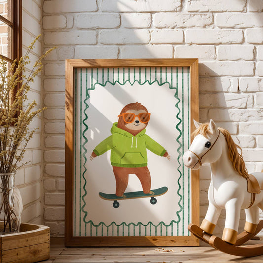 Affiche Paresseux Skate – Poster Coloré Animaux Sportifs Chambre Enfant Dopamine Decor Cadeau Naissance