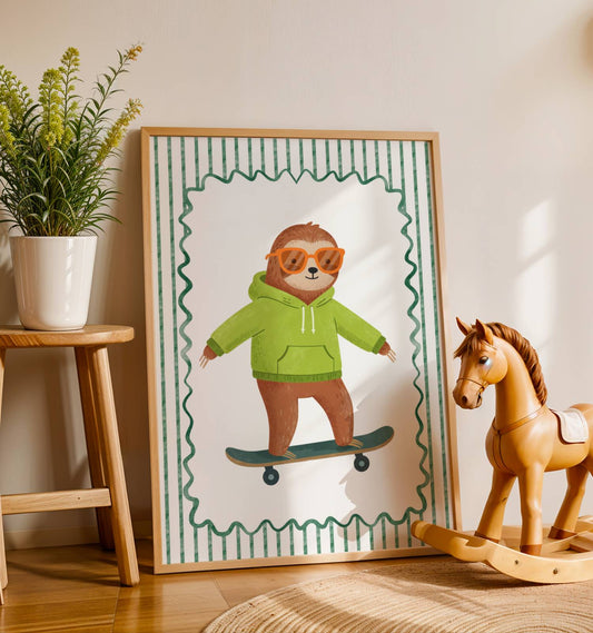 Affiche Paresseux Skate – Poster Coloré Animaux Sportifs Chambre Enfant Dopamine Decor Cadeau Naissance