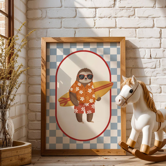 Affiche Paresseux Surfeur – Poster Coloré Animaux Rigolos Chambre Enfant Dopamine Decor Cadeau Naissance