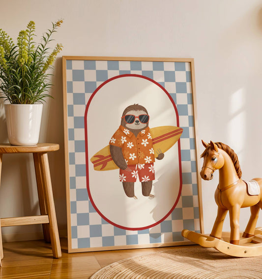 Affiche Paresseux Surfeur – Poster Coloré Animaux Rigolos Chambre Enfant Dopamine Decor Cadeau Naissance