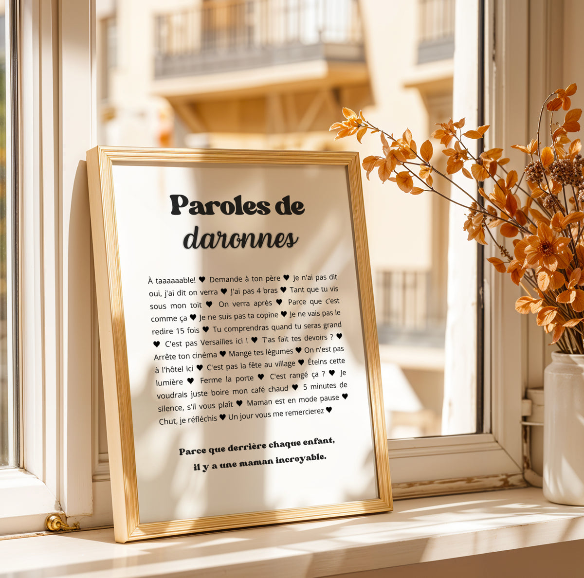 Affiche humour maman avec phrases cultes des mamans, poster noir et blanc minimaliste, idée cadeau fête des mères originale